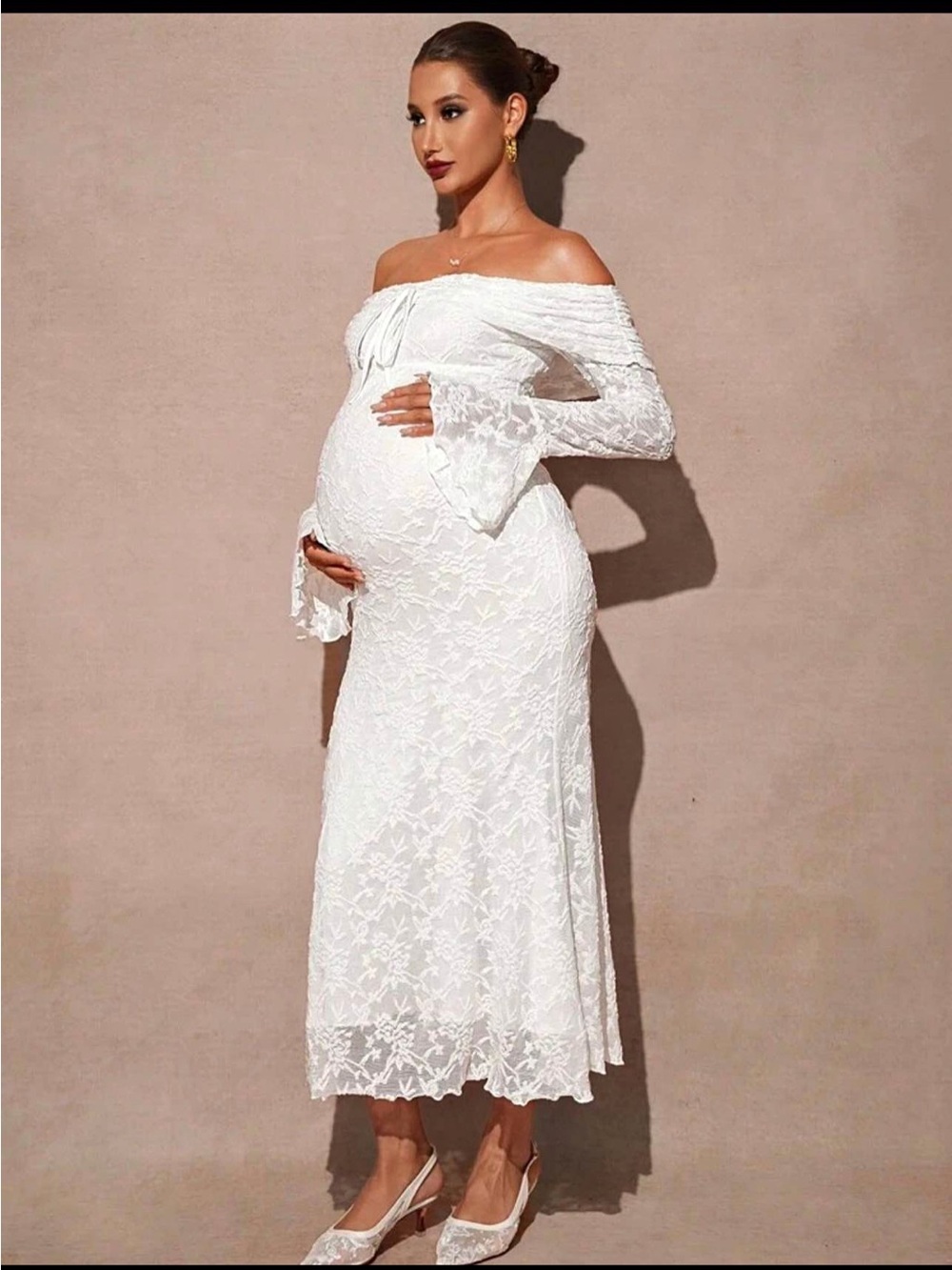 Off-Shoulder White Maternity Lace Dress